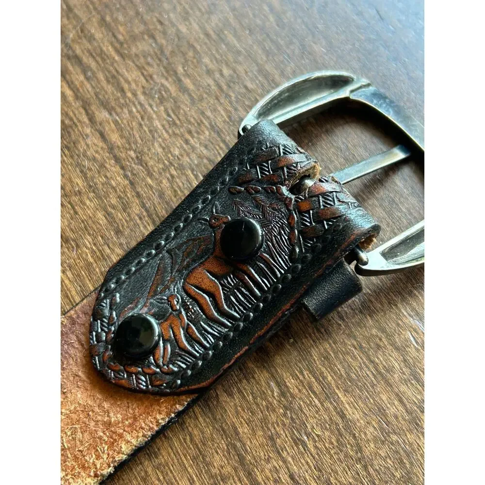 Vintage belt 42 hand tooled Western deer mountains brass buckle basket-weave
